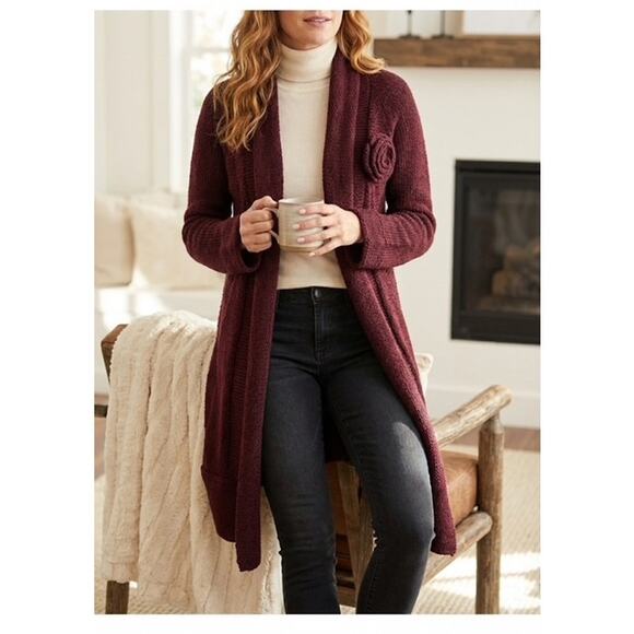 Soft Surroundings Knit Long Cardigan Burgundy w/ Flower Brooch Alpaca Wool XL - Picture 1 of 8